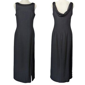 🇺🇲 VTG Black Crepe Boatneck Satin Drape U Back Lined Maxi Evening Gown 6/6P